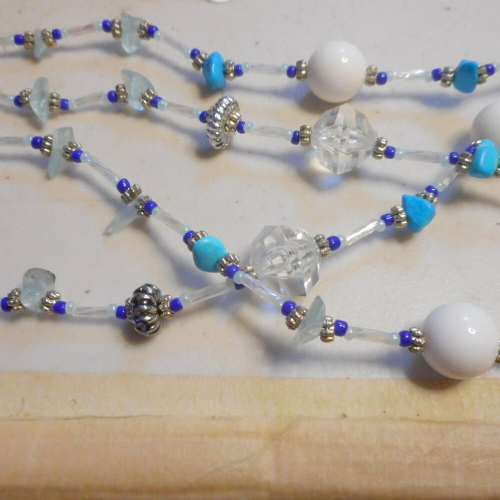 HandCrafted Necklace about 30"  ...… blue, white, silver and clear bead color